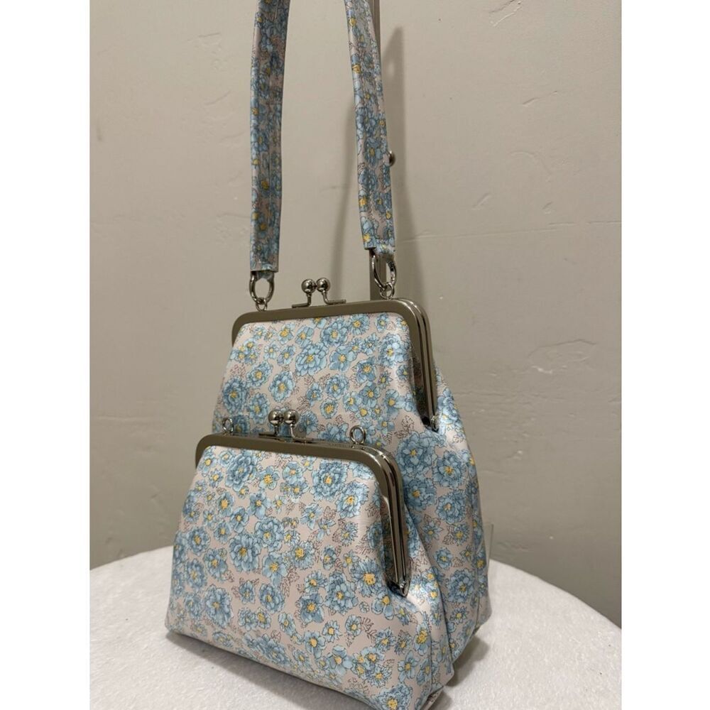 Retro Style 2 In 1 Bag, Floral Print Cowhide Handmade Kisslock Double Frame Bag